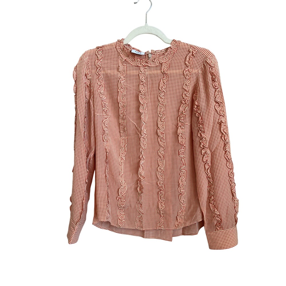 Akris Punto Red Polka Dot Silk Ruffle Blouse US 6 Mock Neck Long Sleeve Top